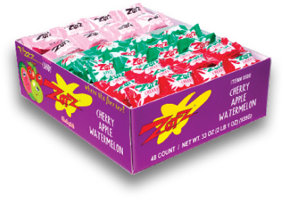 Box of Zotz fizz candy strings in flavors cherry, watermelon, apple