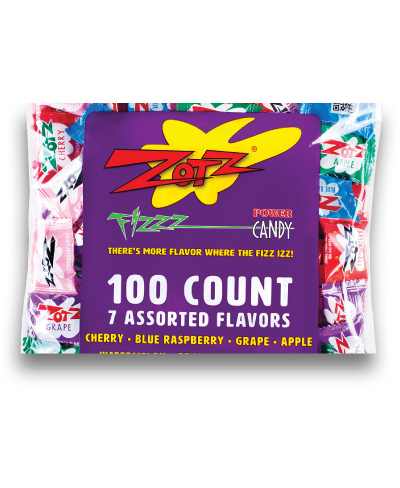 Zotz fizz candy 100 count bag contains flavors cherry, blue raspberry, grape, apple, watermelon, orange, strawberry